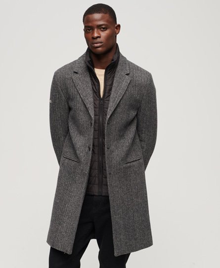 Superdry Men’s 2 In 1 Wool Overcoat Dark Grey / Grey Herringbone - Size: S