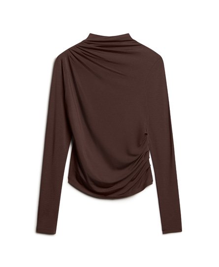 Women's Long Sleeve Ruched Mock Neck Top in Brown Chicory Coffee