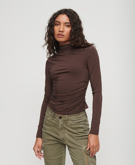 Superdry Women’s Long Sleeve Ruched Mock Neck Top Brown / Brown Chicory Coffee - Size: 10
