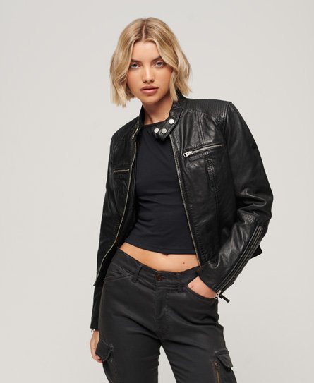 Superdry Women’s Fitted Leather Racer Jacket Black - Size: 8