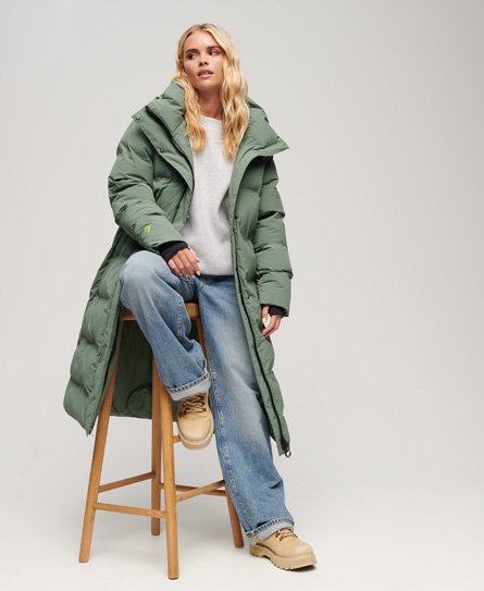 Superdry Women’s Hooded Longline Puffer Coat Green / Laurel Khaki - Size: 16