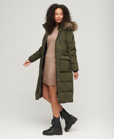 Superdry Women’s Longline Faux Fur Everest Coat Green / Surplus Goods Olive - Size: 10