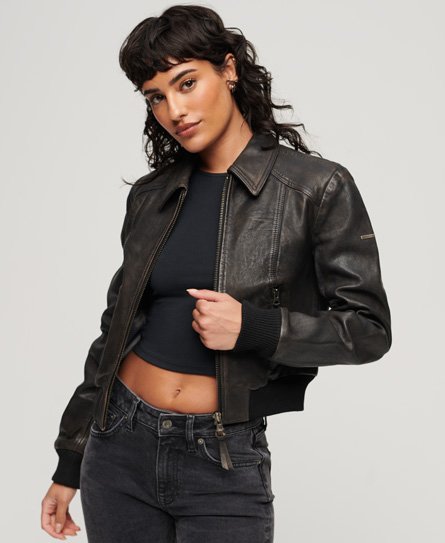 Superdry Women’s 70s Leather Jacket Dark Grey / Smoke Grey - Size: 10