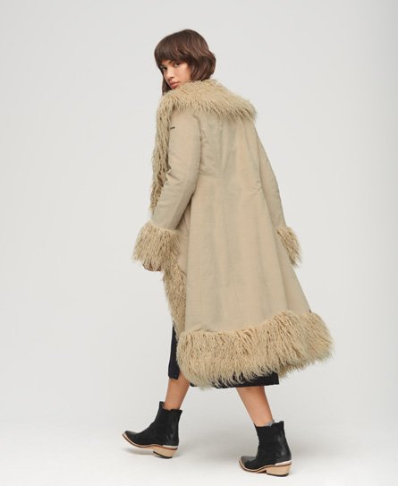 Superdry Women’s Faux Fur Lined Longline Afghan Coat Cream / Stone Wash Taupe Brown - Size: 10