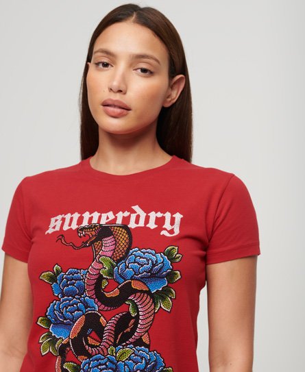 Superdry Women’s Tattoo Rhinestone T-Shirt Red / Risk Red - Size: 8
