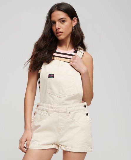 Superdry Women’s Organic Cotton Vintage Canvas Short Dungarees Cream / Oatmeal - Size: 6