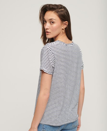 V-Neck Embroidered Stripe Navy T-Shirt US Superdry Optic in Slub Women\'s |