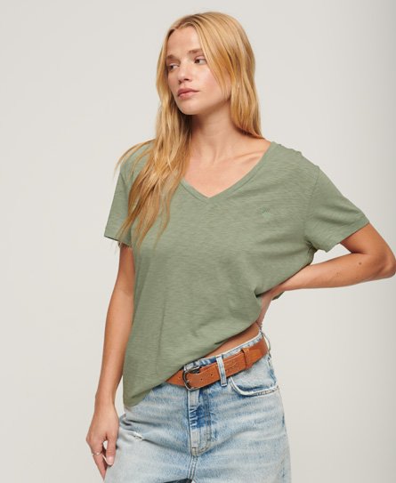Superdry Women’s Slub Embroidered V-Neck T-Shirt Green / Desert Sage - Size: 12