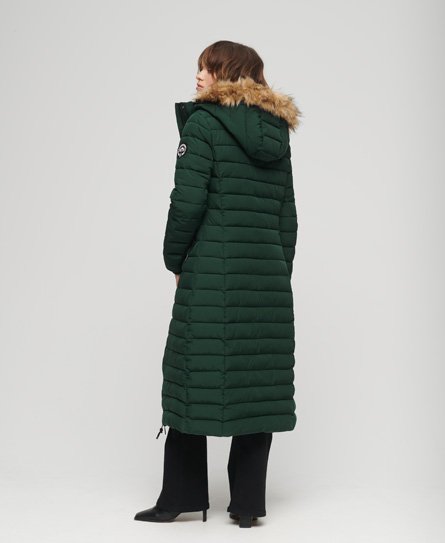 Superdry Women’s Faux Fur Hooded Longline Light Padded Puffer Coat Green / Enamel Green - Size: 8