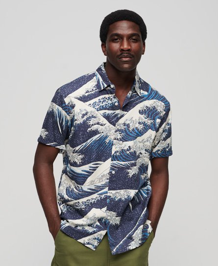 Superdry Men’s Mens Classic Wave Print Short Sleeve Hawaiian Shirt, Blue and White, Size: L