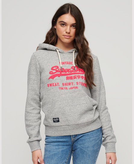 Superdry Women’s Neon Vintage Logo Hoodie Grey / Athletic Grey Marl - Size: 16