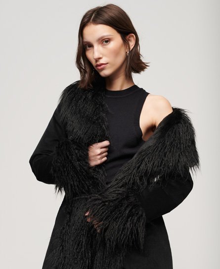 Superdry Women’s Faux Fur Lined Longline Afghan Coat Black - Size: 10