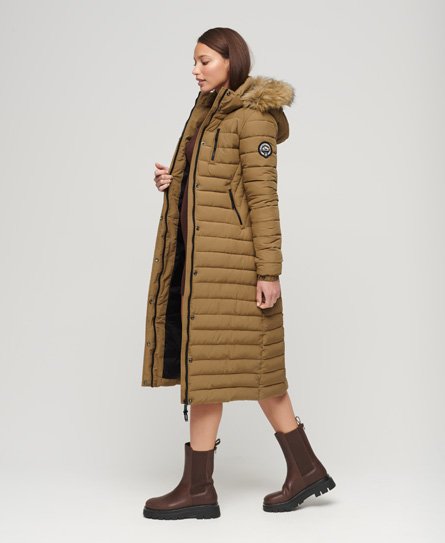 Superdry Women’s Faux Fur Hooded Longline Light Padded Puffer Coat Brown / Sandstone - Size: 16