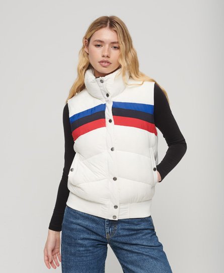 Superdry Women’s Fully lined Colour Block Retro Panel Puffer Gilet, White, Black and Red, Size: 12