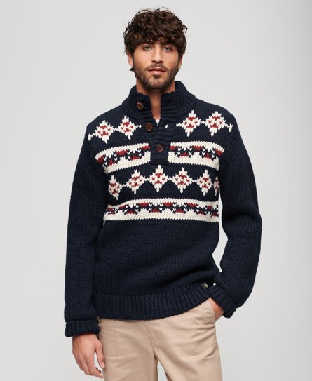 Gruby dzianinowy sweter Henley ze wzorem
