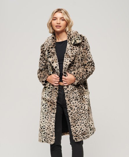 Superdry Women’s Vintage Long Faux Fur Coat Beige / Animal - Size: 8