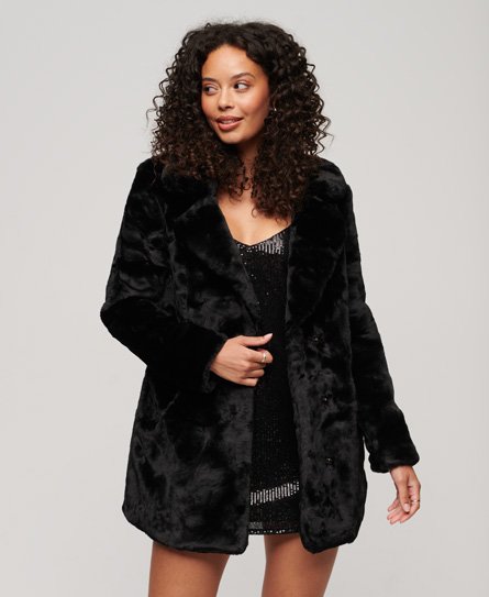 Superdry Women’s Vintage Mid Faux Fur Coat Black - Size: 14