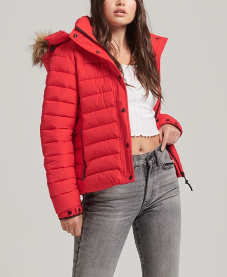 Superdry Women’s Faux Fur Short Hooded Puffer Jacket Red / High Risk Red - Size: 12
