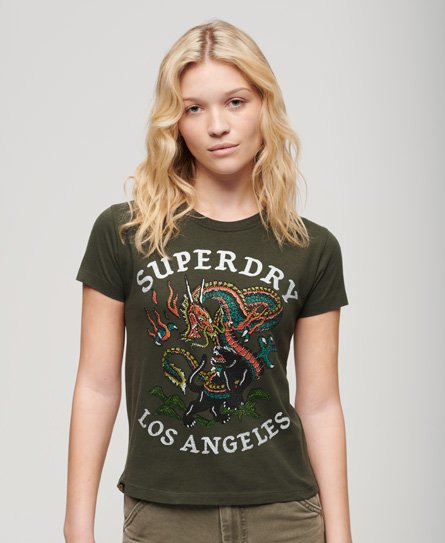 Superdry Women’s Tattoo Rhinestone T-Shirt Khaki / Army Khaki - Size: 12