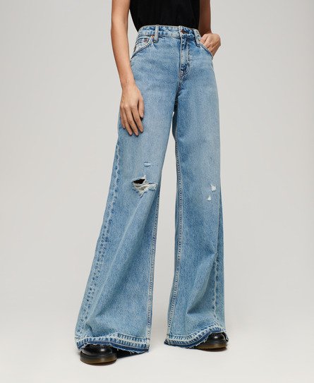 Superdry Women's Ausgestellte Jeans mit Unversäubertem Saum und Weitem Bein Blau