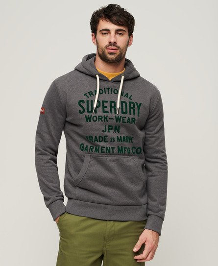 Superdry Mens Classic Workwear Flock Graphic Hoodie, Grey, Size: S