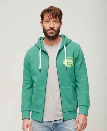 Superdry Mens Classic Embroidered Neon Vintage Logo Zip Hoodie, Green, Size: XXL