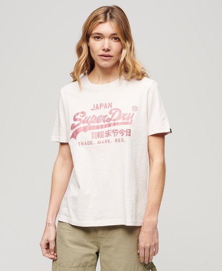Superdry Ladies Classic Metallic Logo Relaxed T-Shirt, Pink, Size: 14