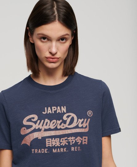 Superdry Ladies Classic Metallic Logo Relaxed T-Shirt, Navy Blue, Size: 12