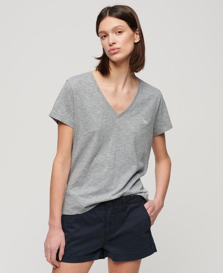 Superdry Women’s Slub Embroidered V-Neck T-Shirt Grey / Smoke Grey Marl - Size: 16