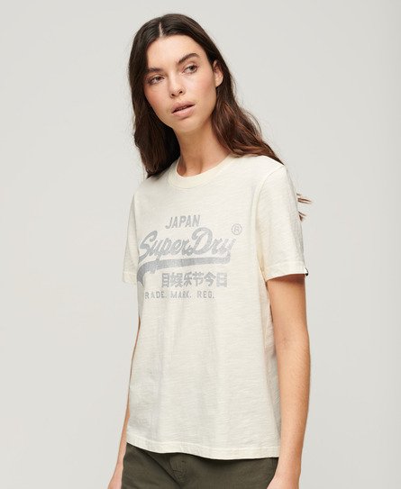 Damen - Relaxtes T-Shirt mit Logo in Metallic-Optik Cremefarben  Strukturiert | Superdry DE