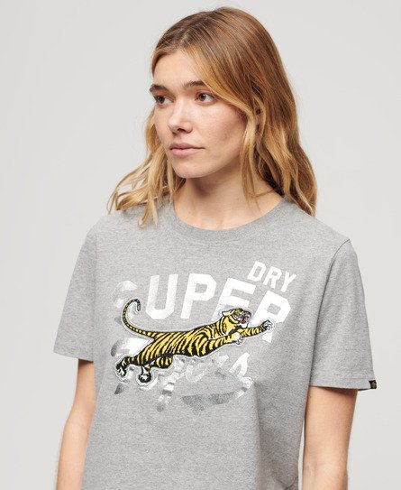 Superdry Ladies Classic Embroidered Reworked Classics T-Shirt, Grey, Size: 10