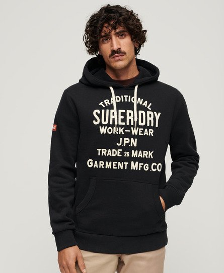 Superdry Mens Classic Workwear Flock Graphic Hoodie, Black, Size: S