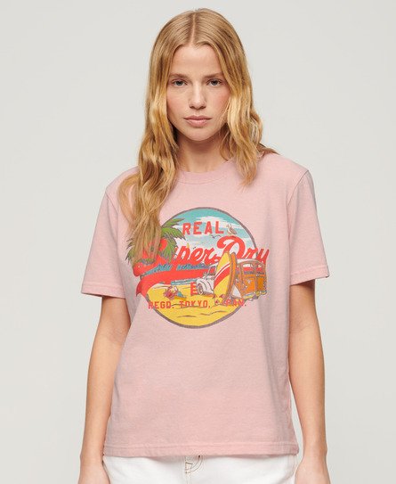 Superdry Damen Lässiges LA T-Shirt mit Farblich Abgestimmter Grafik Pink