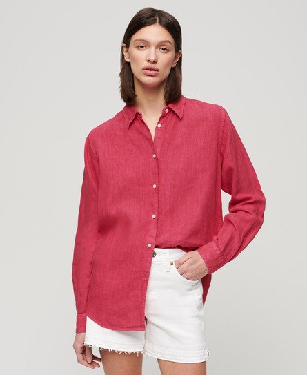 Superdry Women's Casual Linen Boyfriend Shirt Pink / Electric Pink