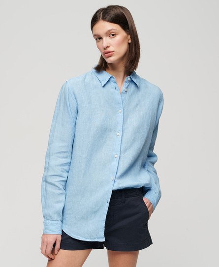 Superdry Women's Casual Linen Boyfriend Shirt Blue / Seafoam Blue