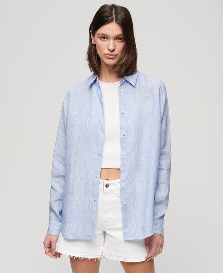 Superdry Women’s Casual Linen Boyfriend Shirt Light Blue / Blue Bonnet Stripe - Size: 14