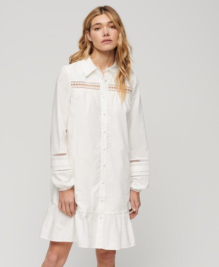 Superdry Damen Hemdkleid mit Spitzenmix Weiß