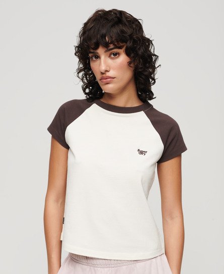 Superdry Women’s Organic Cotton Essential Logo Raglan T-Shirt White/Brown / Dark Brown/Off White - Size: 6