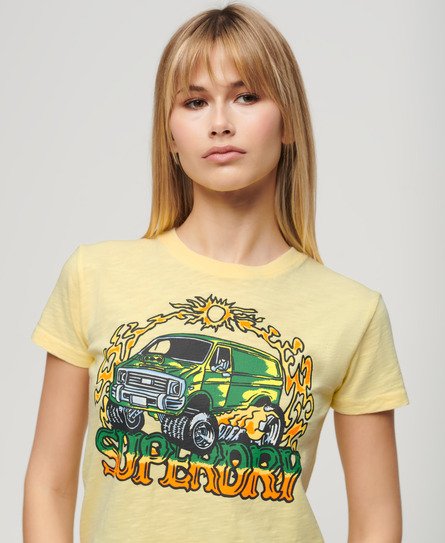 Superdry Women’s Neon Motor Graphic Fitted T-Shirt Yellow / Pale Yellow Slub - Size: 8