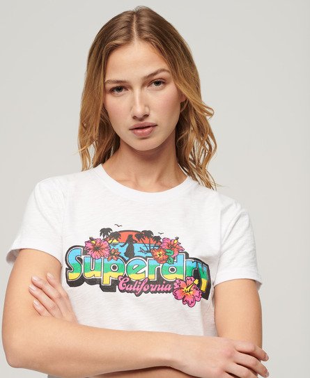 Superdry Damen Weiß Figurbetontes T-Shirt mit Cali-Sticker und Logo-Druck, Größe: 42