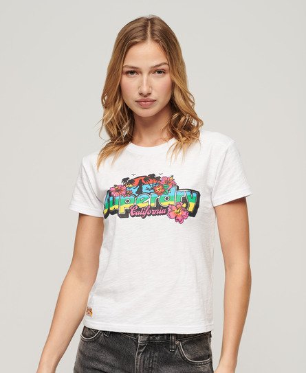 Superdry Damen Figurbetontes T-Shirt mit Cali-Sticker Weiß