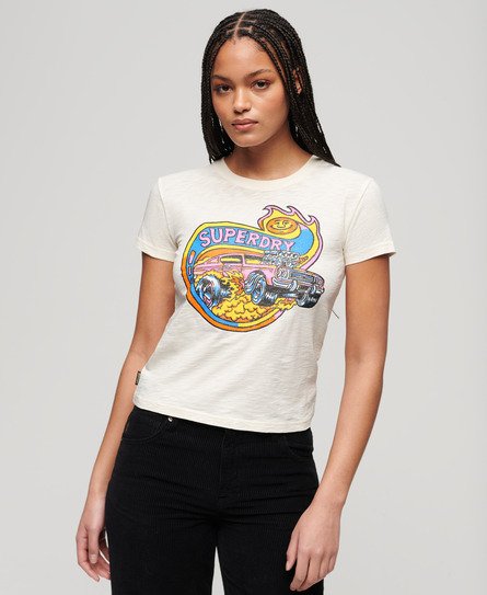Superdry Women’s Neon Motor Graphic Fitted T-Shirt Cream / Cream Slub - Size: 10