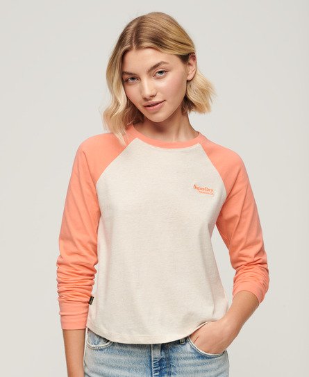 Superdry Ladies Slim Fit Colour Block Essential Logo Long Sleeve Baseball Top, Coral and Beige, Size: 12