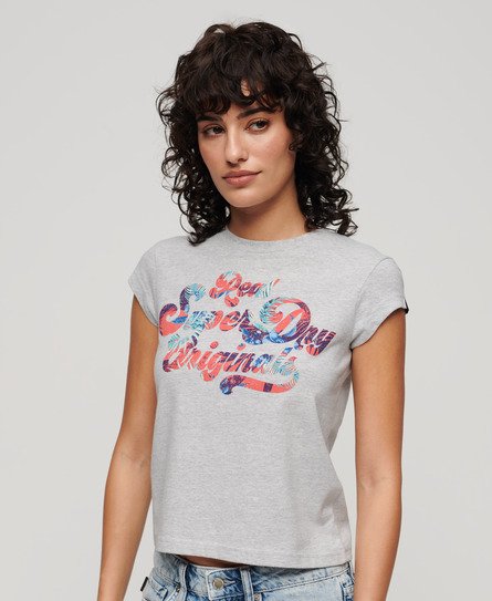 T-shirt met kapmouwen, bloemenprint en tekst