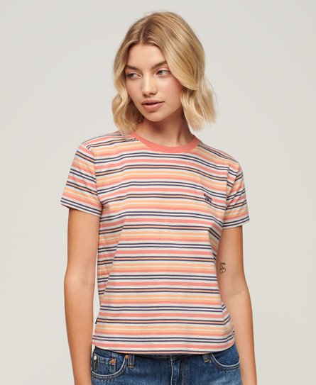 Superdry Women’s Essential Logo Striped Fitted T-Shirt Cream/coral / Sunset Coral Stripe - Size: 8
