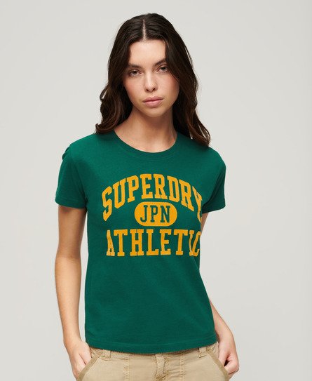 Superdry Vrouwen Varsity T-shirt met Flockprint en Aansluitende Pasvorm Groen