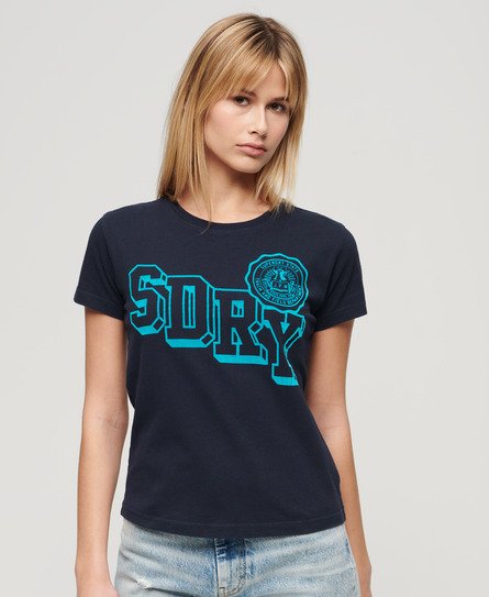 Superdry Women’s Varsity Flocked Fitted T-Shirt Navy / Darkest Navy - Size: 10