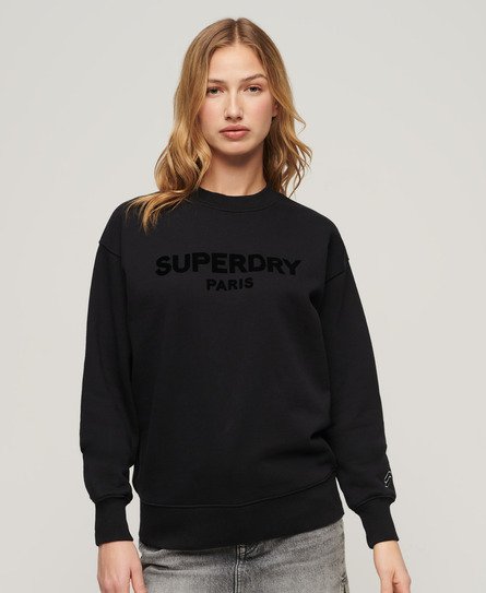 Superdry Ladies Boxy Fit Embroidered Logo Sport Luxe Crew Sweatshirt, Black, Size: 10