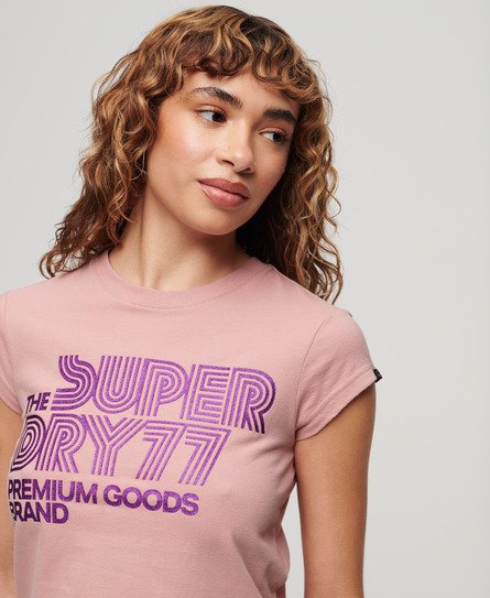 Superdry Damen Retro T-Shirt mit Glitzer-Logo Pink
