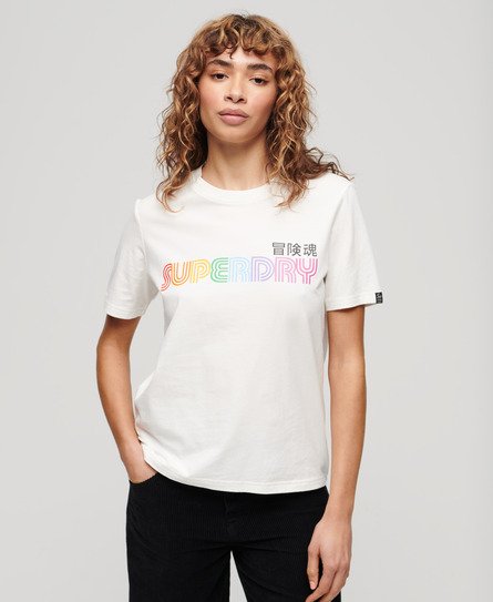 Superdry Femme T-shirt Décontracté à Logo Arc-en-ciel CRÈME